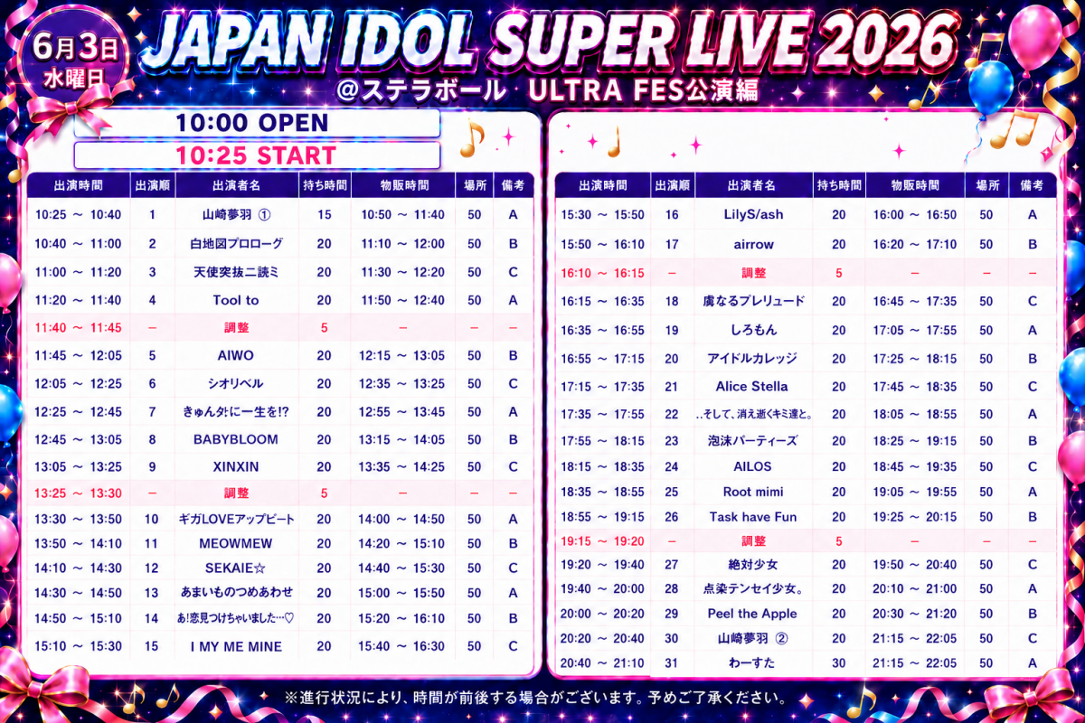6/3(水)『「JAPAN IDOL SUPER LIVE 2026」@ステラボール　ULTRA FES公演編』タイムテーブル解禁