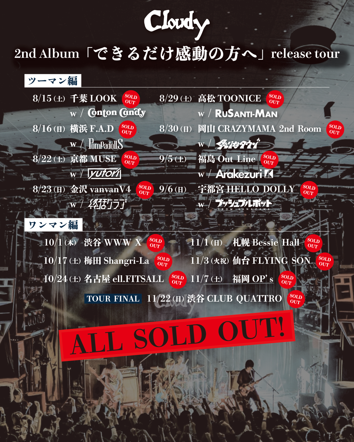 Cloudy 2nd Album 「できるだけ感動の方へ」release tour 全公演ソールドアウト